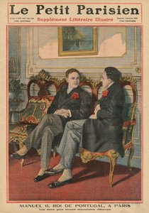Manuel II, rei de Portugal, em Paris com Alfonso XIII, rei de Espanha, os dois soberanos mais jovens da Europa, ilustração da capa do &39;Le Petit Parisien&39;, supplemnet litteraire illustre, 5th De